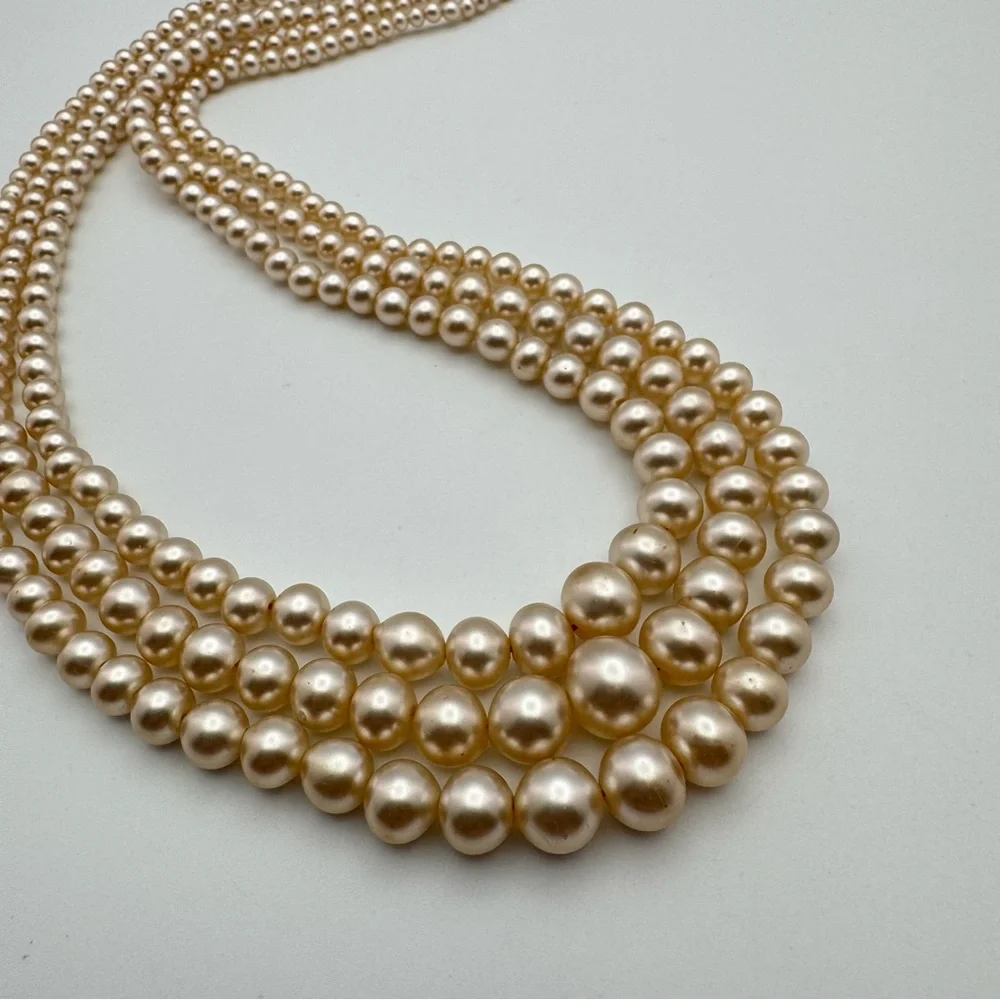 Vintage Japan 3-Strand Faux Pearl Necklace Rhinestone Box Clasp